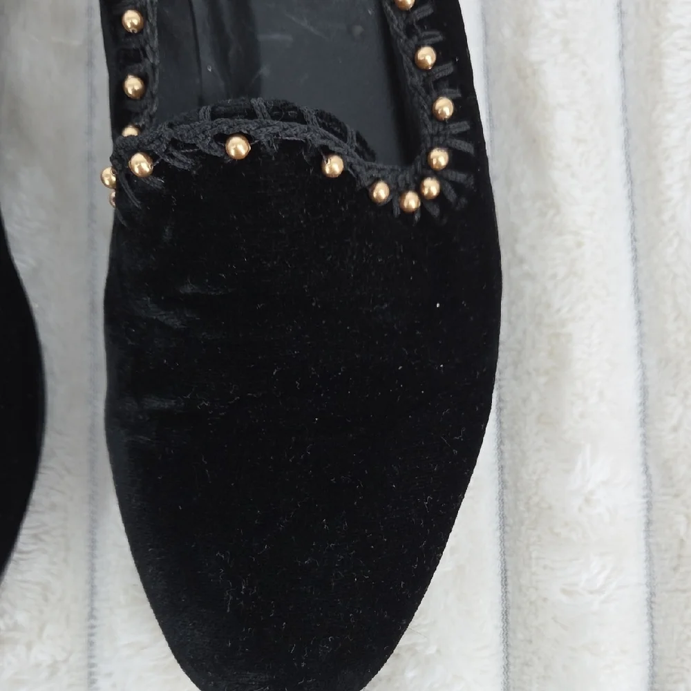 Ramon Tenza Black Velvet Slip-On Loafers with Gold Stud Accents